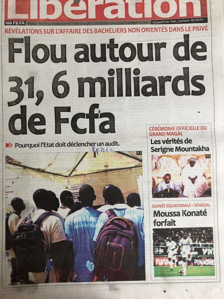 Toutes les Unes des quotidiens de ce mardi 30 octobre : et le titre le plus « qui s’excuse, s’accuse » est celui avec Madické Niang dans L’Obs