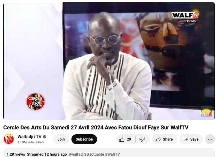 [TRACT TV] Ousseynou Nar Gueye, invité ce samedi 27 avril 2024 de l&rsquo;émission &lsquo;le Cercle des Arts&rsquo; sur WALF TV